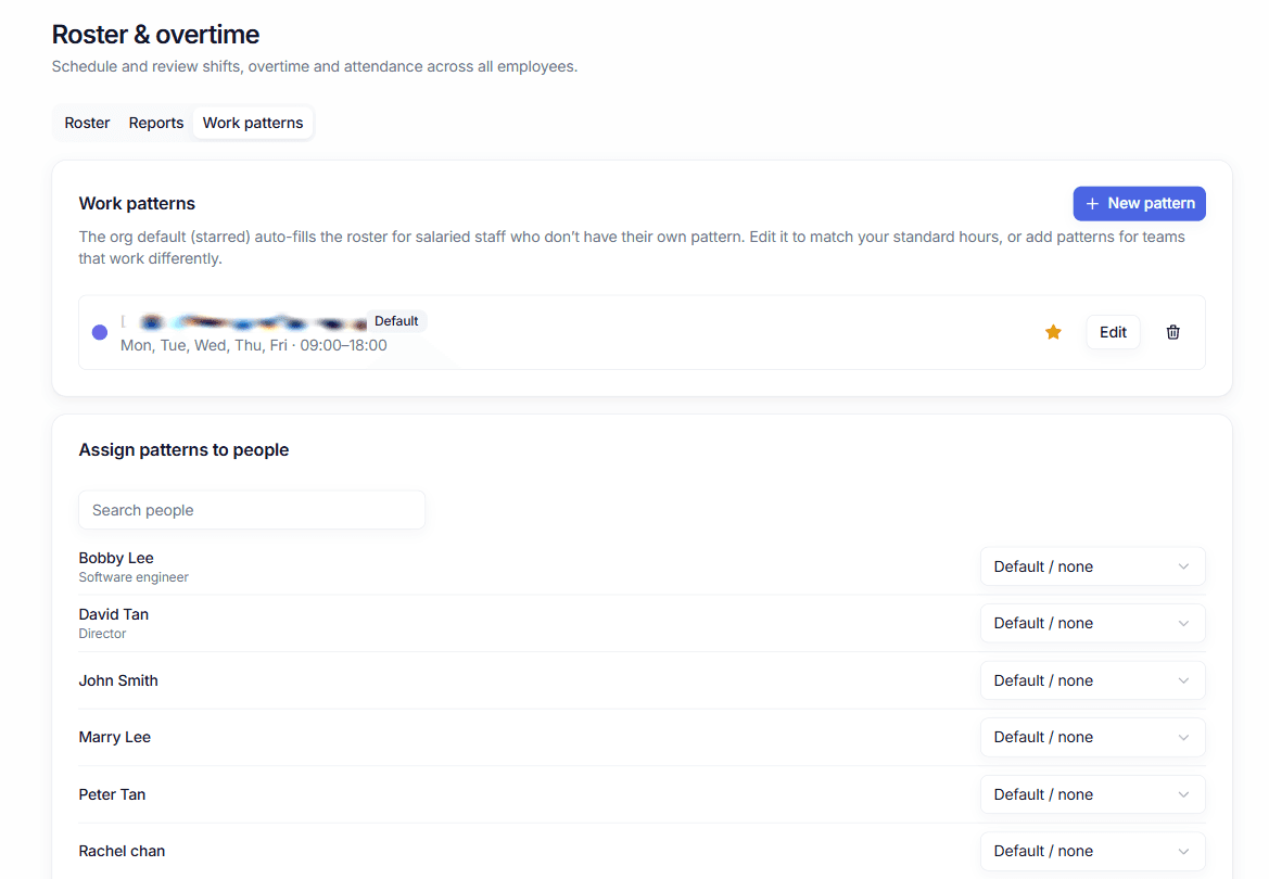 Shift templates and weekly work patterns, which the roster fills itself in from.