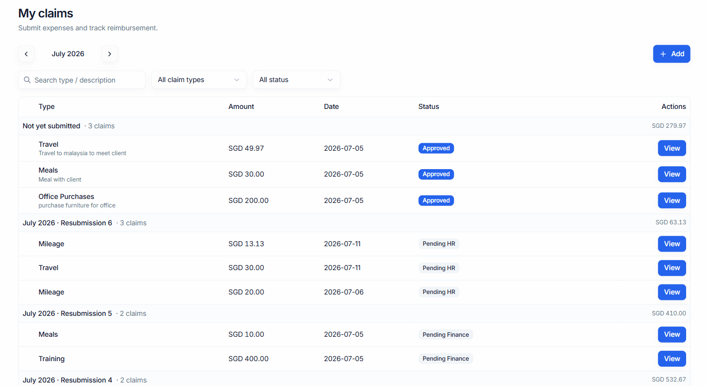 My claims grouped by submission batch, each line showing type, amount, date and approval status.