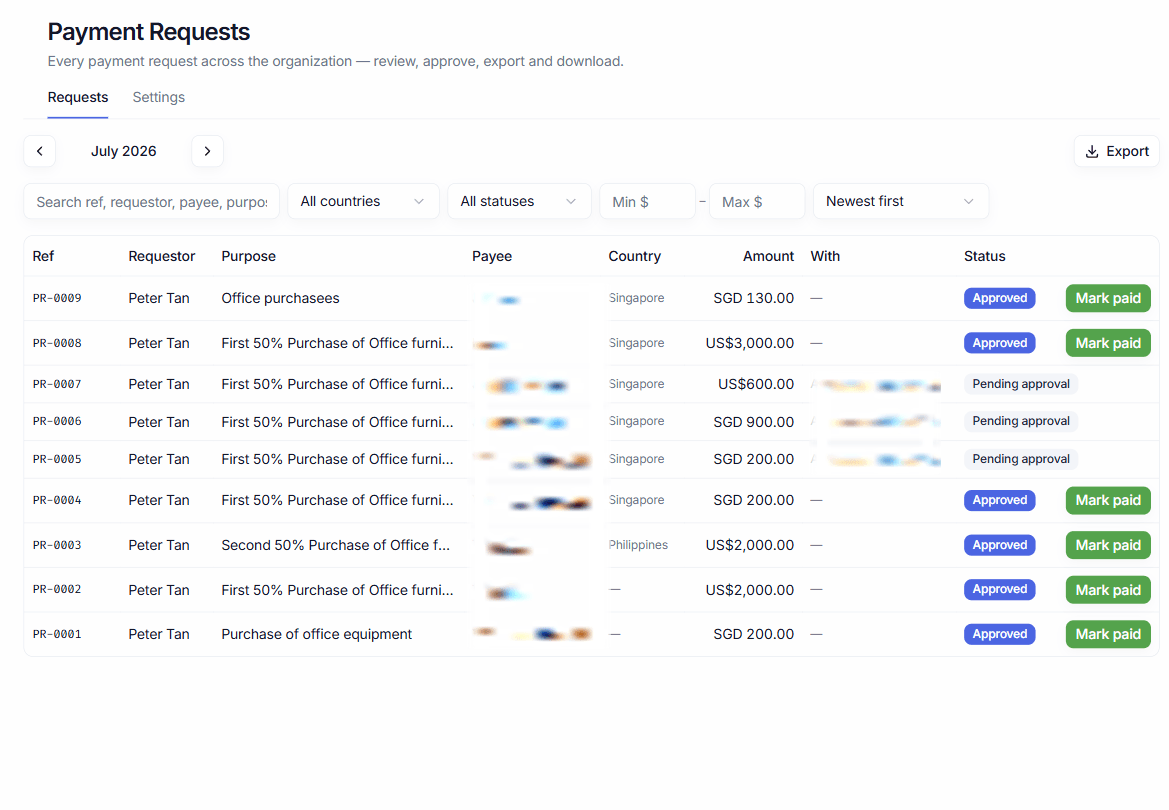 Payment requests — the non-reimbursement side of spend, routed through the same approvals.