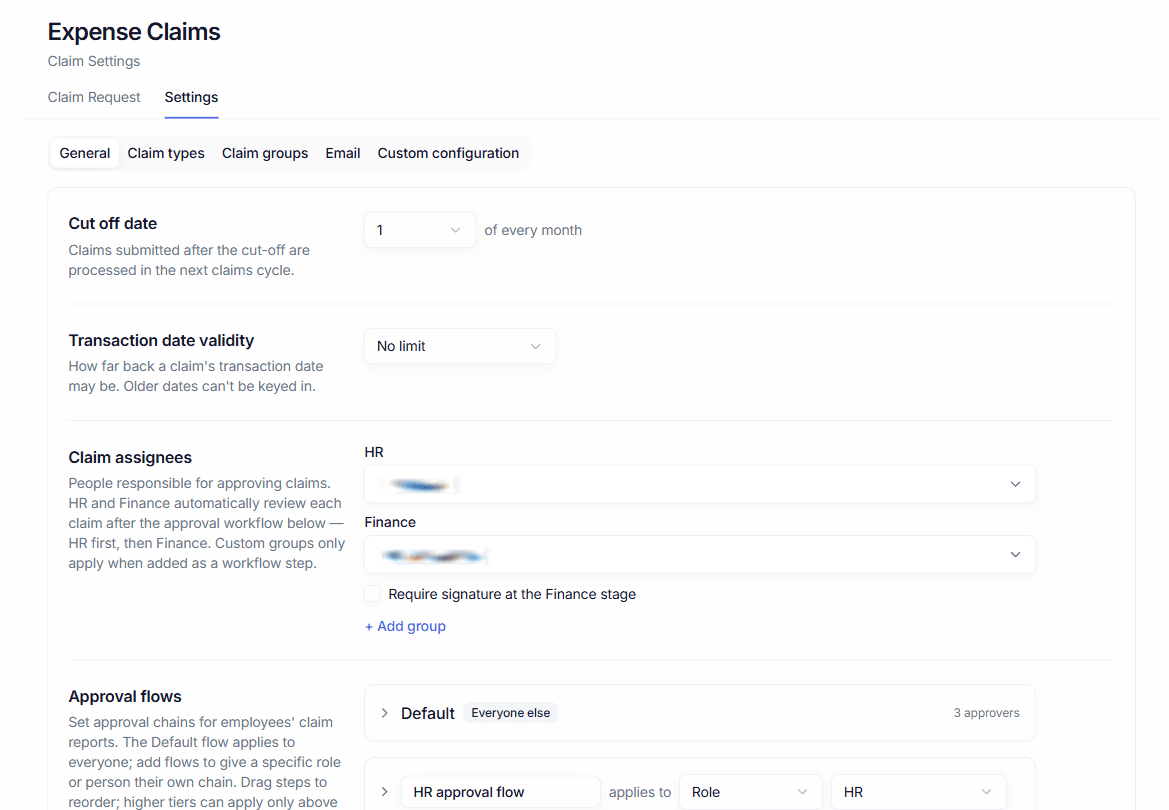 Claim settings: general rules, submission caps and approval configuration.