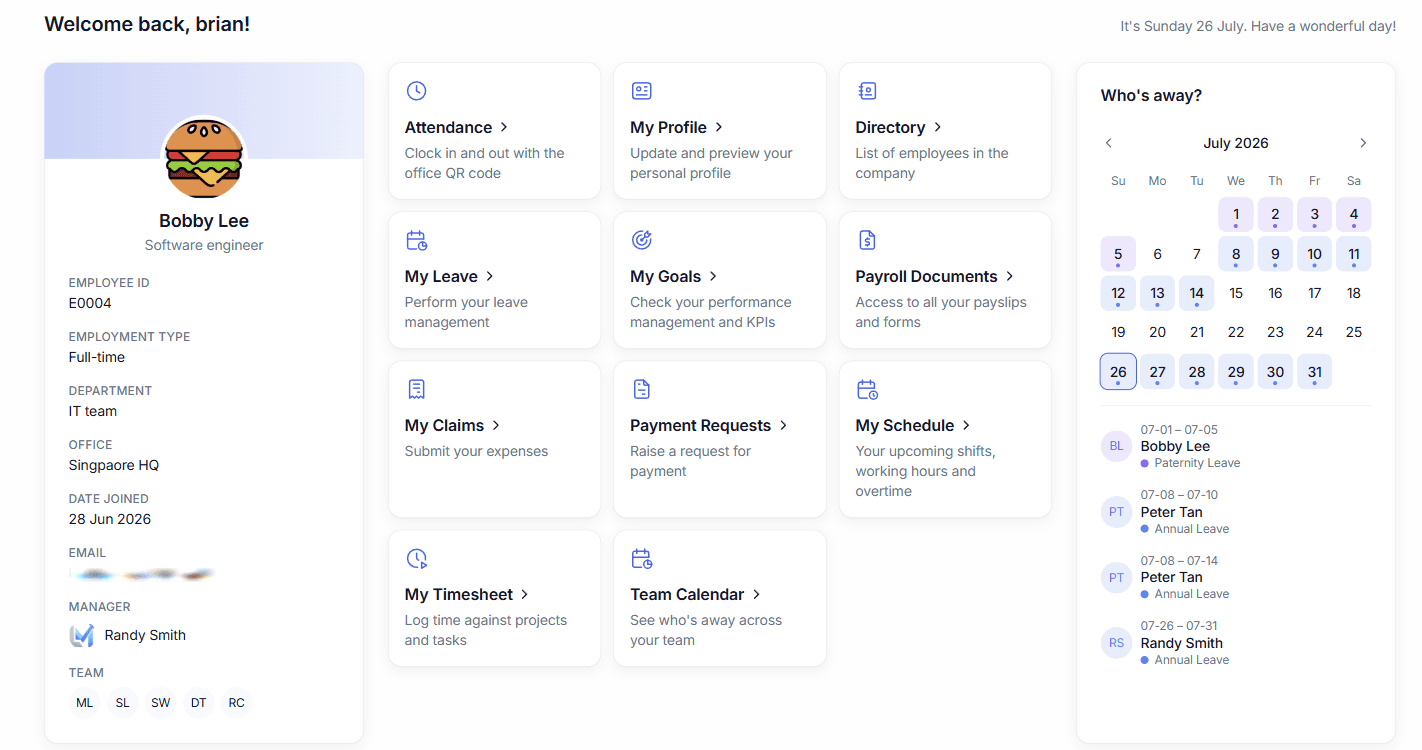 The LeadMightyHR home screen: a personal profile card, quick actions for leave, claims and payslips, and a who's-away calendar.