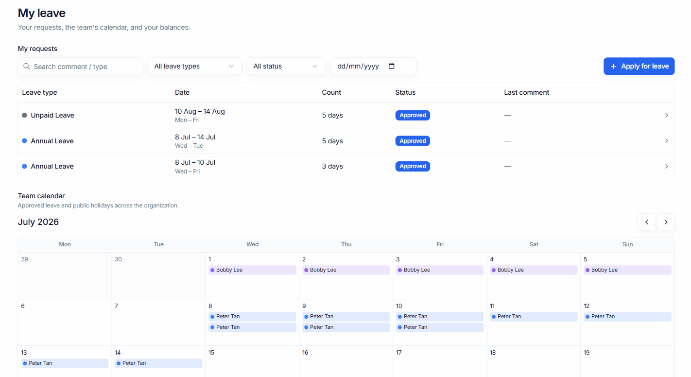 My leave: personal requests with status, above the shared team calendar.