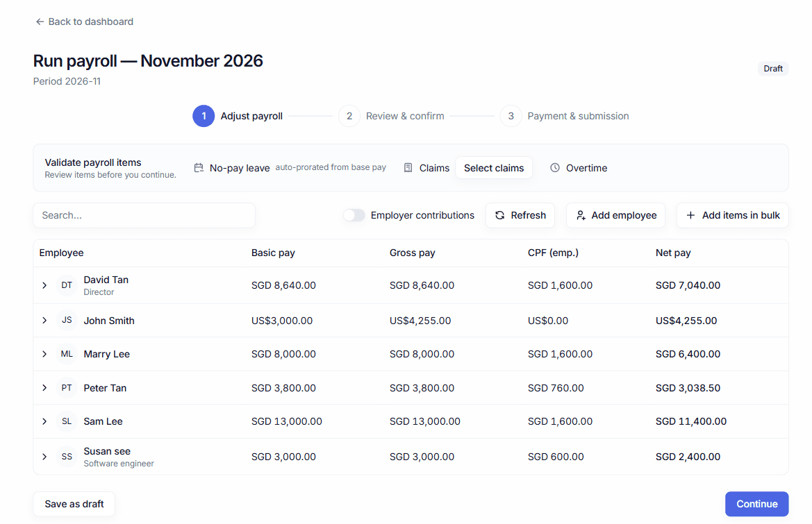 Step one of a payroll run: every employee with basic pay, gross pay, employee CPF and net pay.