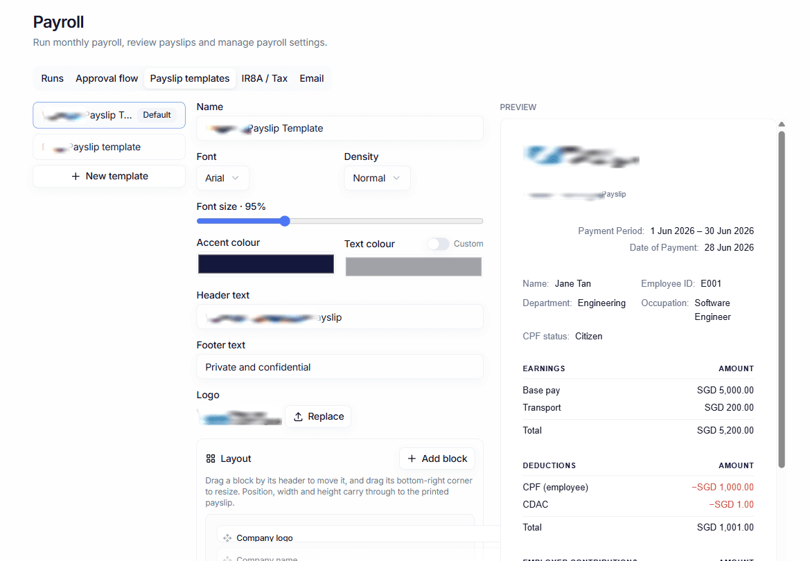 The payslip template builder, where blocks are dragged and resized on a grid.