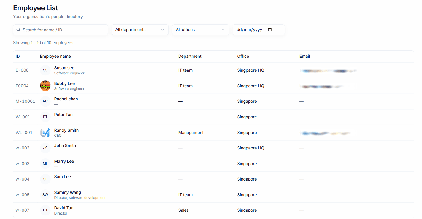 The company directory as an employee sees it — names, roles and offices, with pay and personal fields withheld.