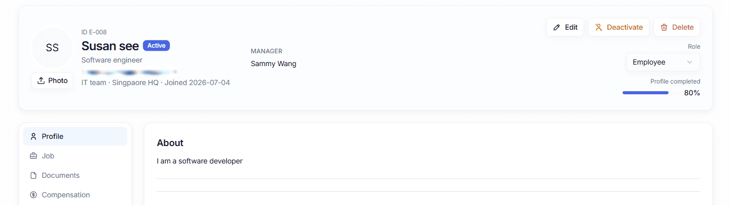 An employee profile header with tabs for job, documents, compensation, leave policies and more.