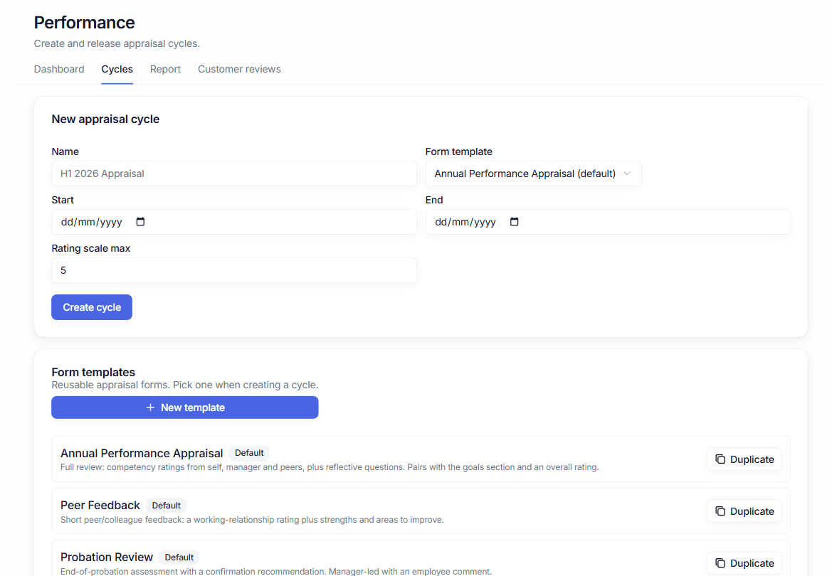 Creating an appraisal cycle, and the reusable form templates it can be built from.