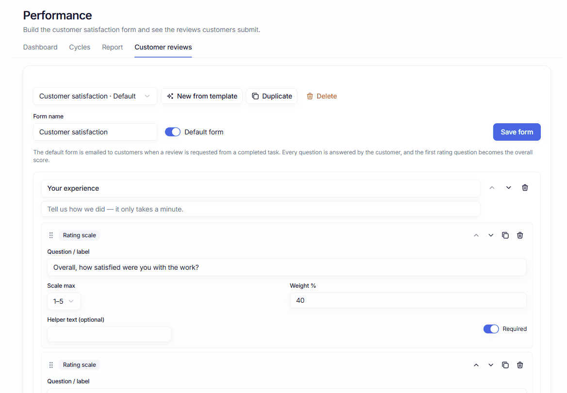 The customer satisfaction form builder, with rating scales and per-question weights.