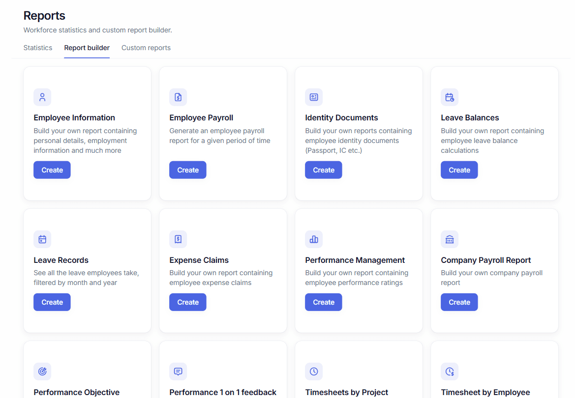 The report builder's dataset picker — employee information, payroll, leave balances, expense claims and more.